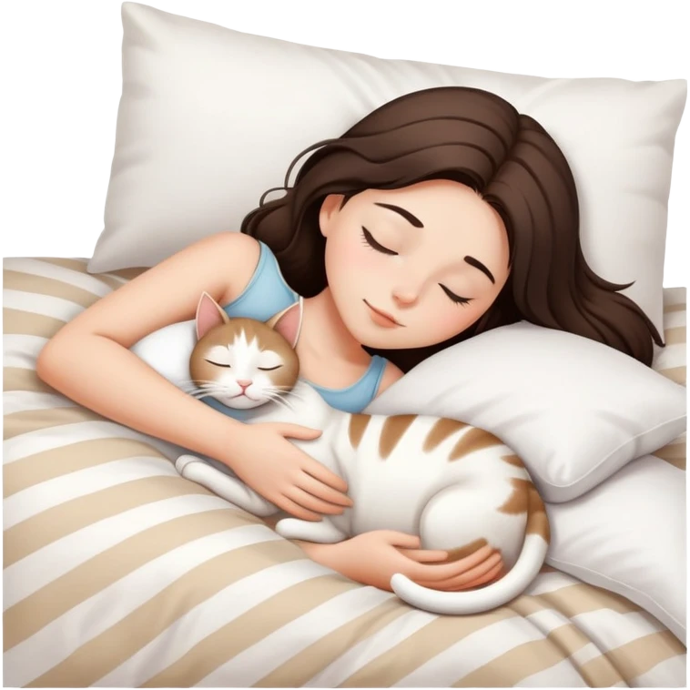 side view Brunette teenage girl sleeping with white cat that has beige stripes on a white pillow with white sheets emoji
