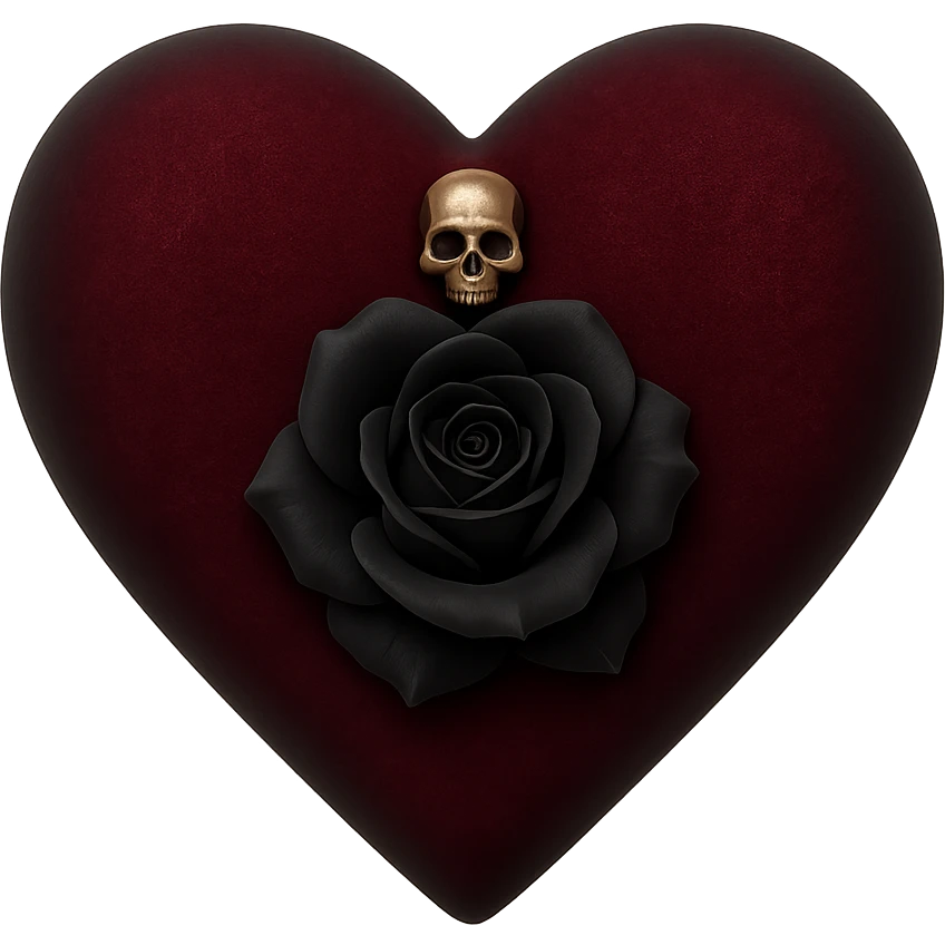 gothic heart in 3D black style, dark crimson velvet texture, silver skull charm, black rose center, lush and gothic emoji