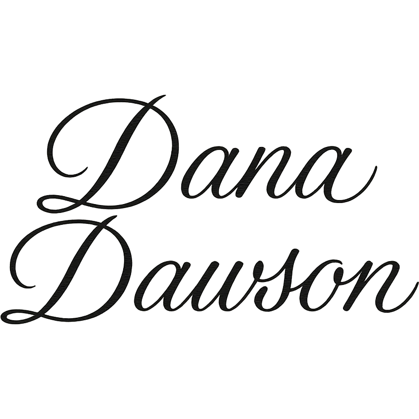 elegant script wordmark of 'Dana Dawson', flowing cursive, minimal, black and white emoji