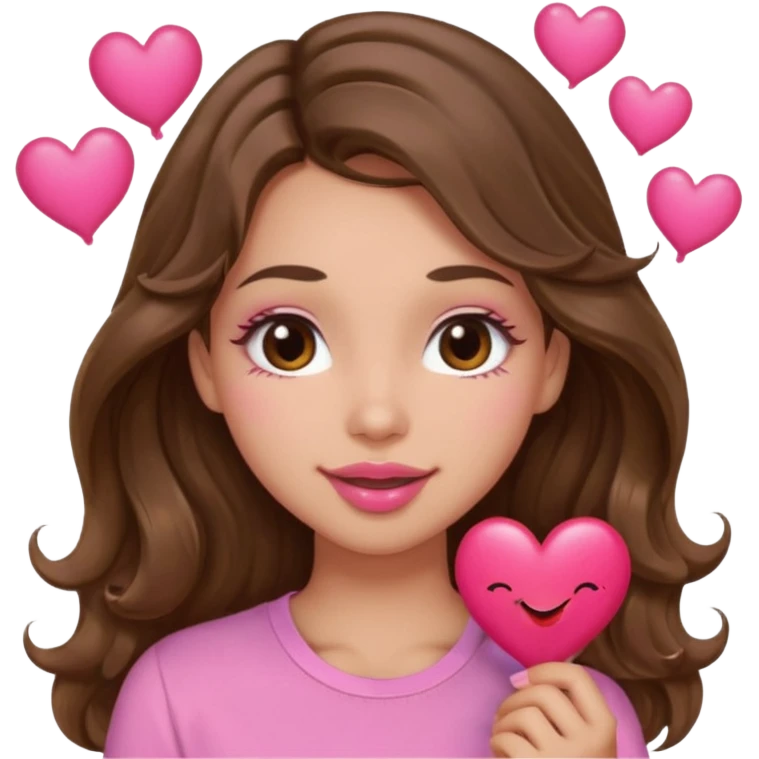 girl with long wavy brown hair, brown eyes, light to medium complexion, in a pink shirt, pink lips, long lashes, puckering lips kissing, blushing with hearts emoji