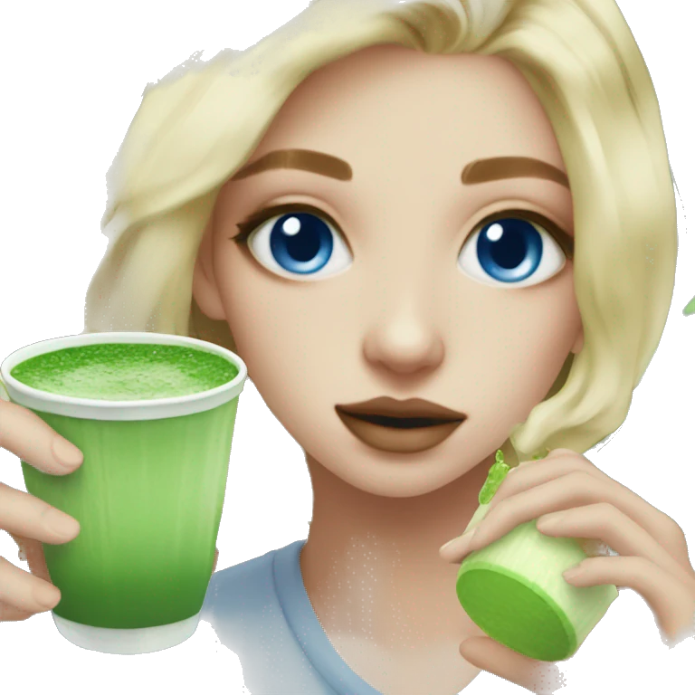 Blonde girl with blue eyes drinking Matcha aesthetic  emoji