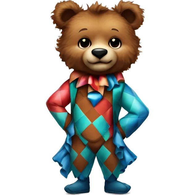 Brown Teddy bear. Harlequin. Harley Quinn bear. Jester ruffles. Diamond shapes.  emoji