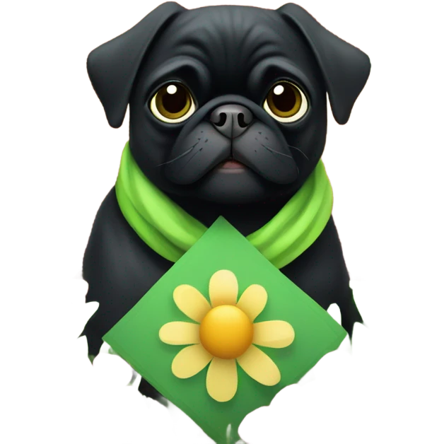 Black pug , surrounded by flowers, holding a green sign that says “good luck”  emoji
