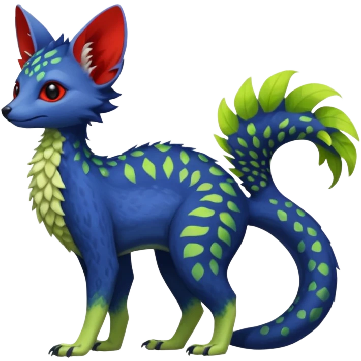Feral Rare Fantasy vibrant tropical red and indigo and lime-collred Vernid-Trico-species-creature by LiLaiRa, random markings, tufted tail, tufted ears, full body emoji