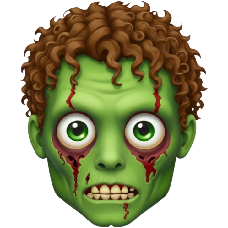 Generate an emoji-style image with a white background of a green-skinned zombie. The zombie should have visible facial wounds, curly brown hair with highlights, green eyes, and a shaved line in the left eyebrow. emoji