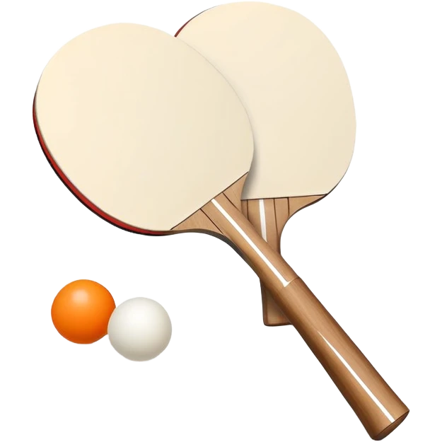Two table tennis paddles crossed over a ping pong ball, placed on a smooth, reflective table. The background suggests a clean, minimalist playing surface, capturing the precision and fast-paced nature of the sport. emoji