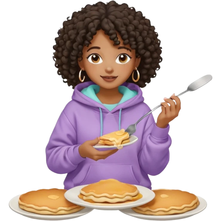 Black girl, clean girl aesthetic, 4C curly hair in a puff, pastel hoodie, white sneakers, minimal jewelry, soft smile, cozy vibe, bright colors eating  pancake emoji