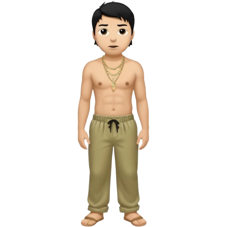 Chino Moreno with black hair, khaki satin baggy pants, shirtless with necklace emoji