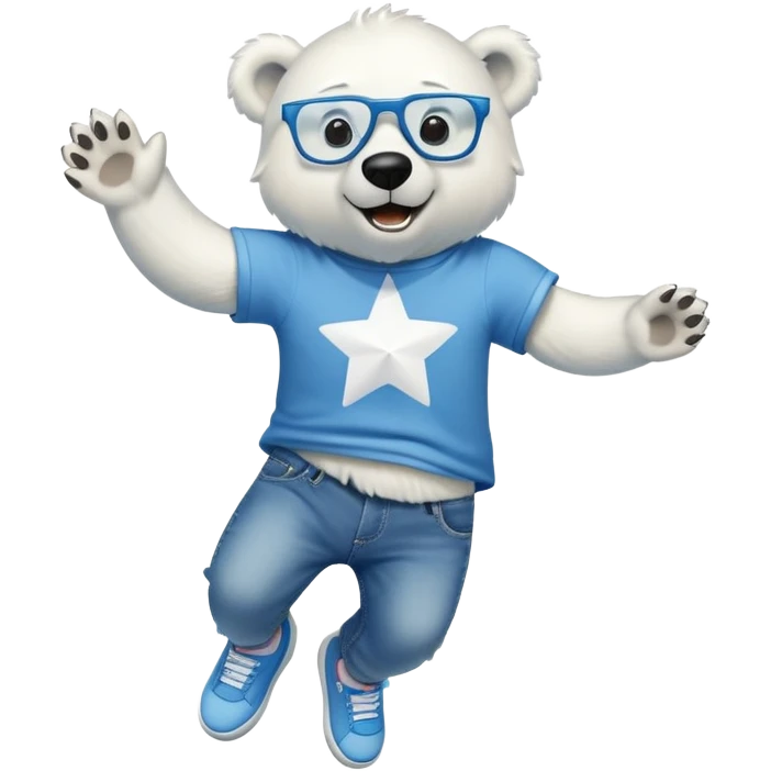 friendly anthropomorphised polar bear jumping and looking excited, wearing a shirt, jeans, trainers, star-shaped glasses emoji