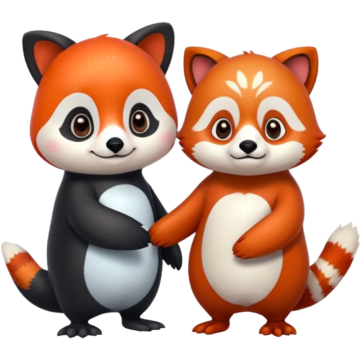 A cartoon  cute one penguin and one red panda  seperste animals not a combination of the animals holding "hands" emoji