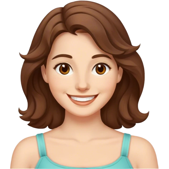 White woman medium size, wavy brown hair shoulder length, brown eyes, smiling, saying "Happy March" emoji