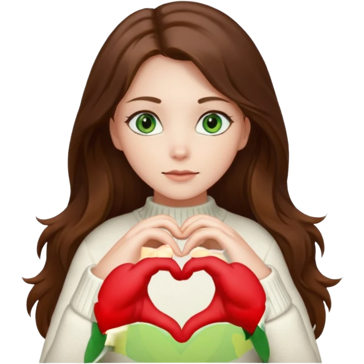 Girl green eyes brown long hair white warm sweater doing hands heart emoji