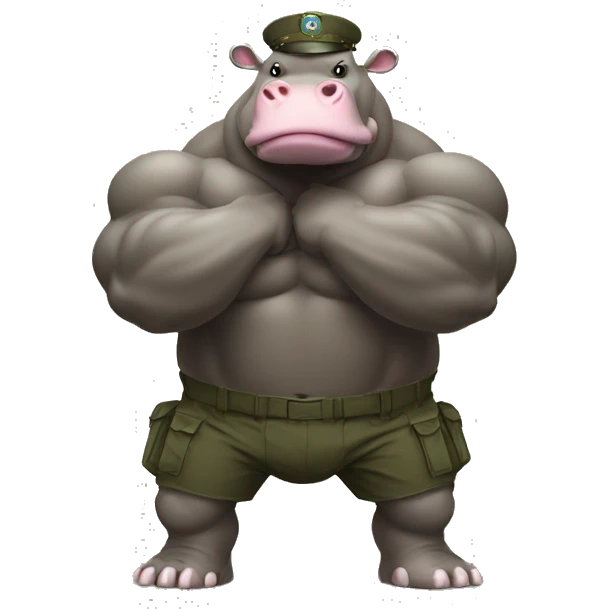 very strong and muscular hippo flexing with army fatigue emoji