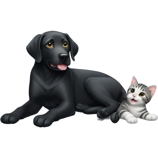 Black lab with grey tabby kitten with white legs playing with the labs tail emoji