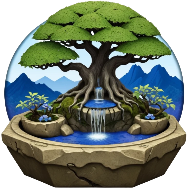 Alien saucer jungle-vines fountain mountain-island landscape antique mudman very old broken cracked intricate Stone Age lapis-crusted irregular dodecagon-shaped shallow dark moss rough bark blue serissa flowered maple tree bonsai pot emoji