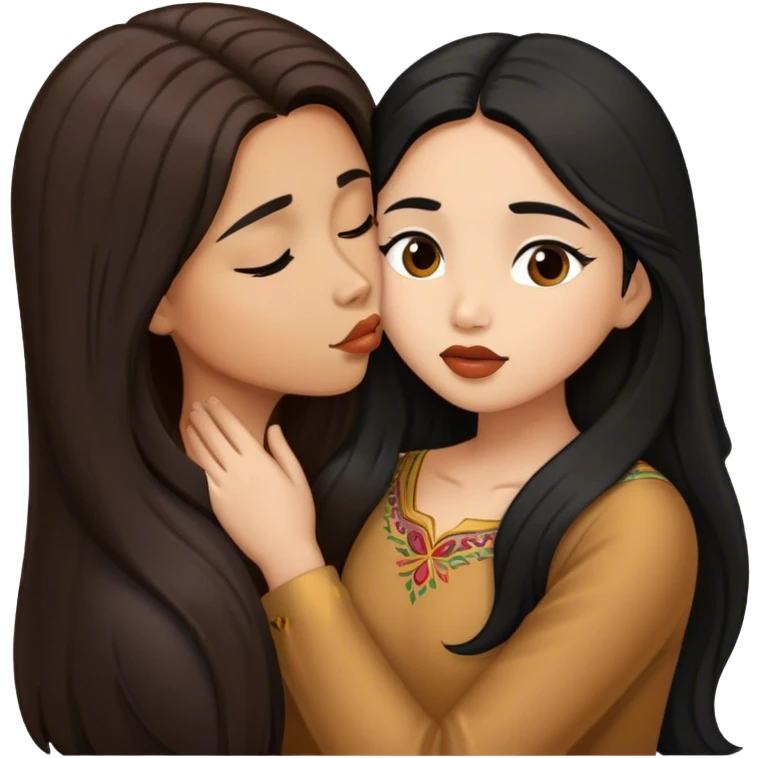 Caramel brown latino with long black hair kissing brown hair Filipina emoji