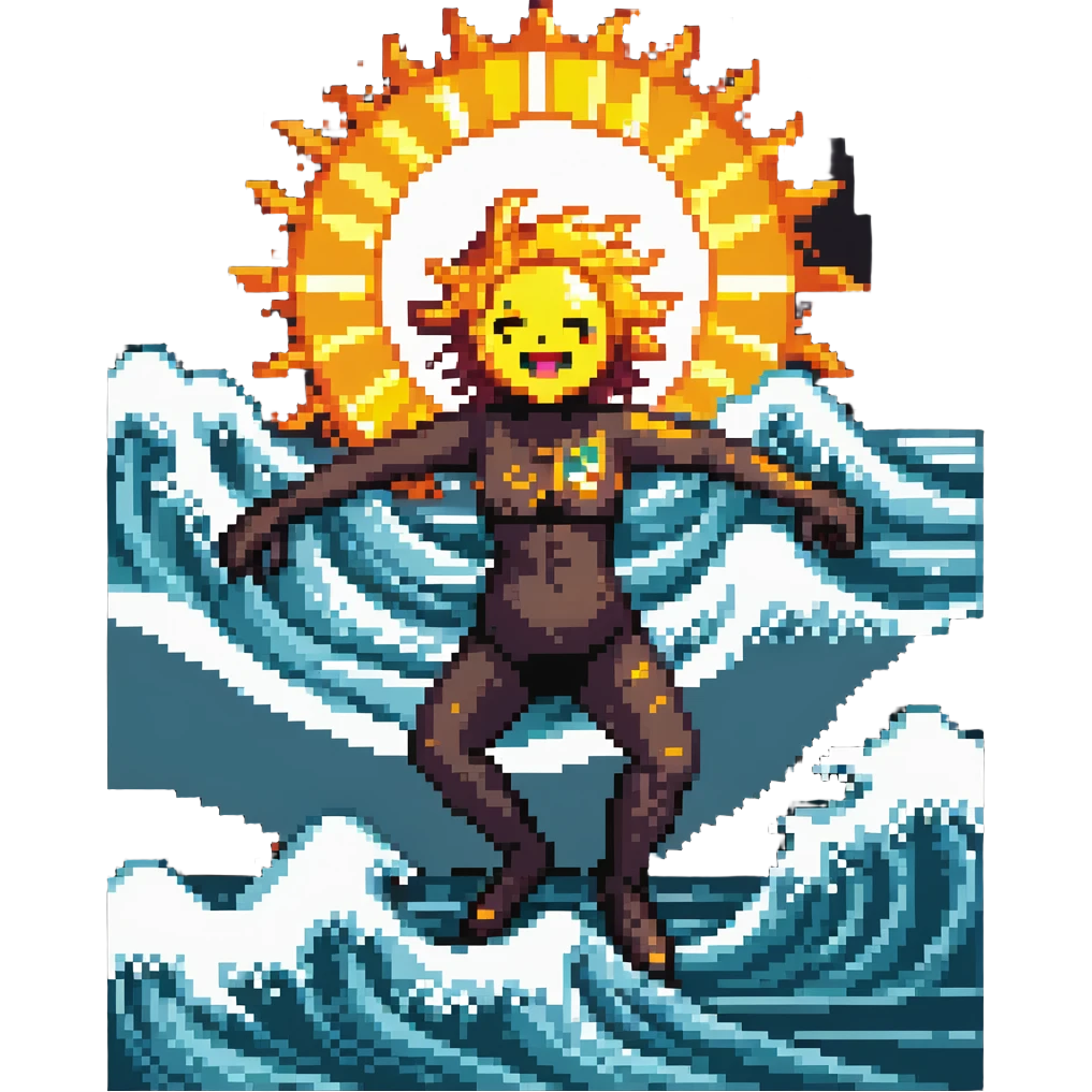 Dancing character on beach with sun highlighting them, ocean waves, cheerful tripa tropa mood emoji