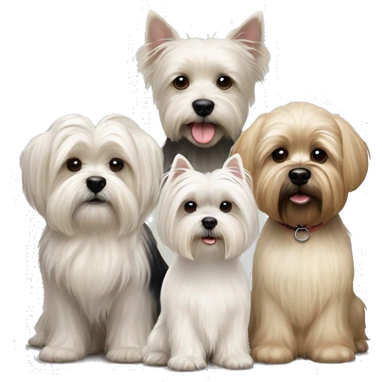 3 dogs West highland terrier and Scottish terrier and beige shih tzu sitting together friends emoji