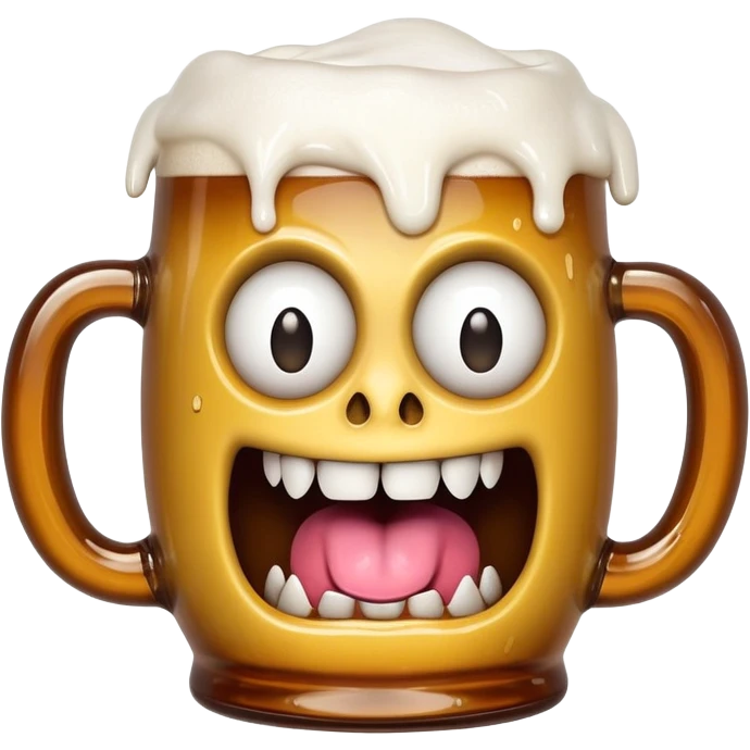 Mimic monster disguised as a beer mug with teeth and tongue, tipsy looking eyes emoji