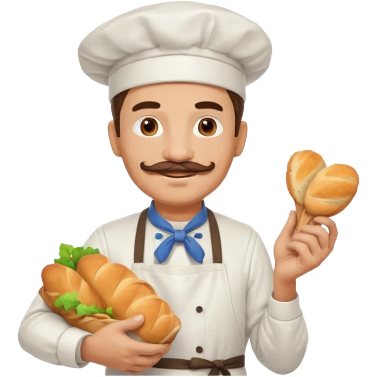Middle aged male pastry chef - with a mustache, apron, white hat, holding a bag of bread emoji