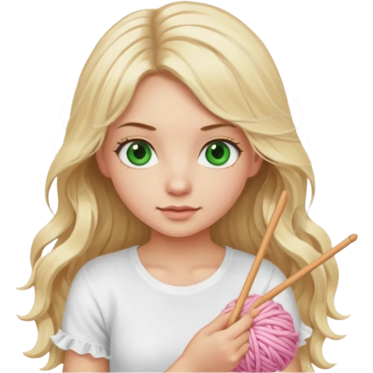 Knitting girl, blonde, long hair, natural green eyes, the tshirt is white with ruffles, the yarn is light pink emoji