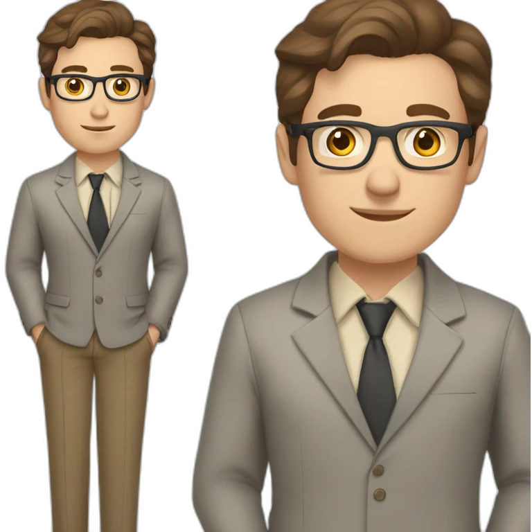 Pale skinned fit man with dark brown hair in gray jacket, beige office shirt, brown tie, brown pants and vintage glasses Writing on the tablet emoji