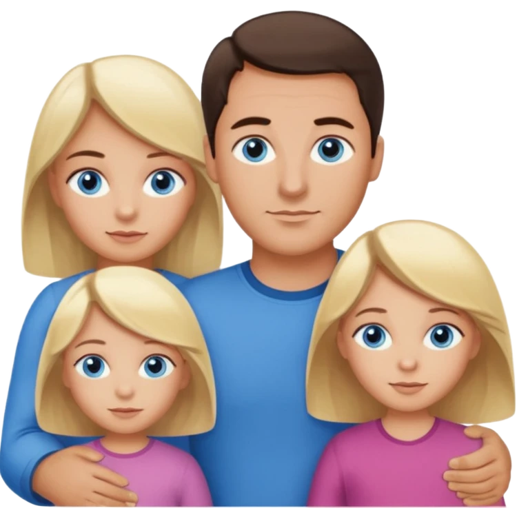 Family portrait with father with dark brown hair and blue eyes, mother with light brown hair and blue eyes, three blonde little girls with blue eyes emoji