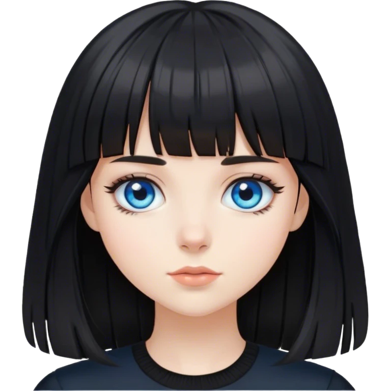Girl wearing black with black medium length hair with bangs and blue eyes emoji