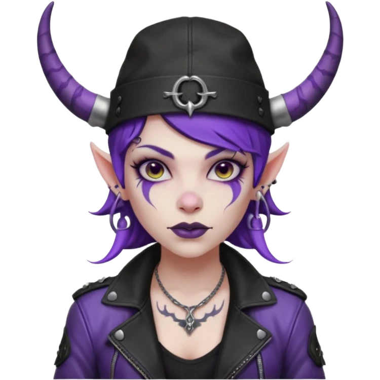 purple girl demon with tattoos, hat, jacket and horns emoji