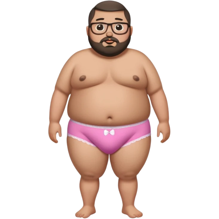 A full body standing, morbidly obese, fat, shirtless mexican guy in his pink and white heart underwear with a buzzcut, a beard, and glasses thats drooling emoji