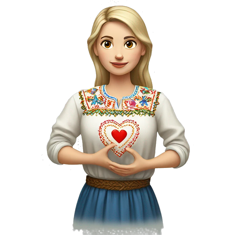 A Ukrainian woman in an embroidered shirt holds a heart in her hands emoji