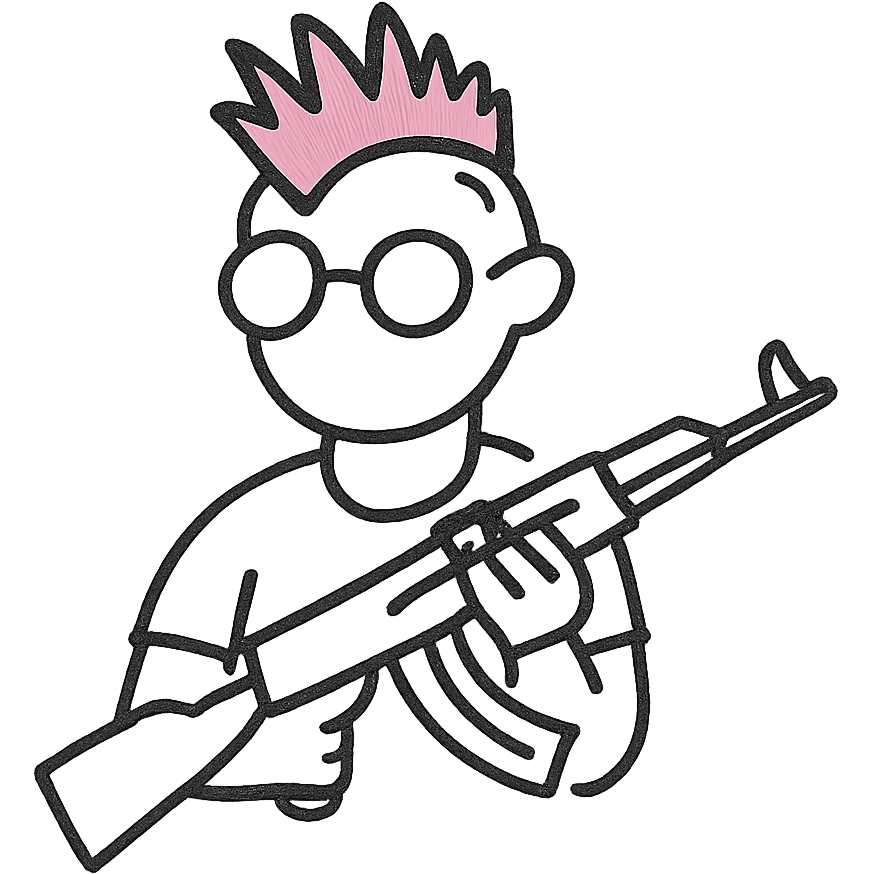 A punk guy with pink hair, wearing Harry Potter glasses, and holding an AK-47 emoji