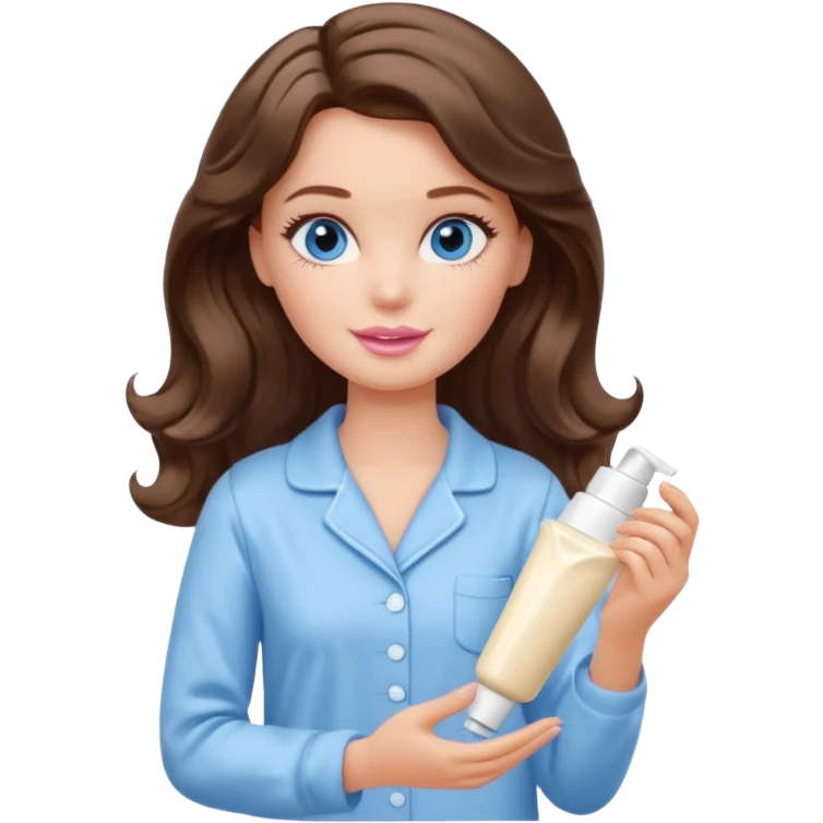 Barbie girl with makeup, blue eyes , and bob long haircut wavy, short brown hair in creamy color pajamas, face cream in hand emoji