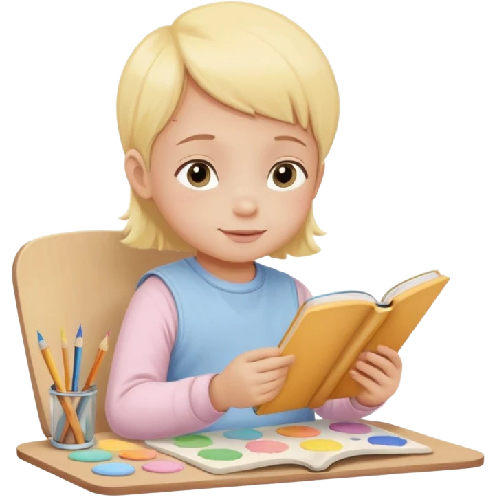 Flat illustration emoji of a small child sitting and reading a book with colored pencils or paint palette nearby, happy and peaceful expression, soft pastel colors (yellow, light blue, soft pink), rounded shapes, minimal details, child-friendly, warm and gentle style emoji