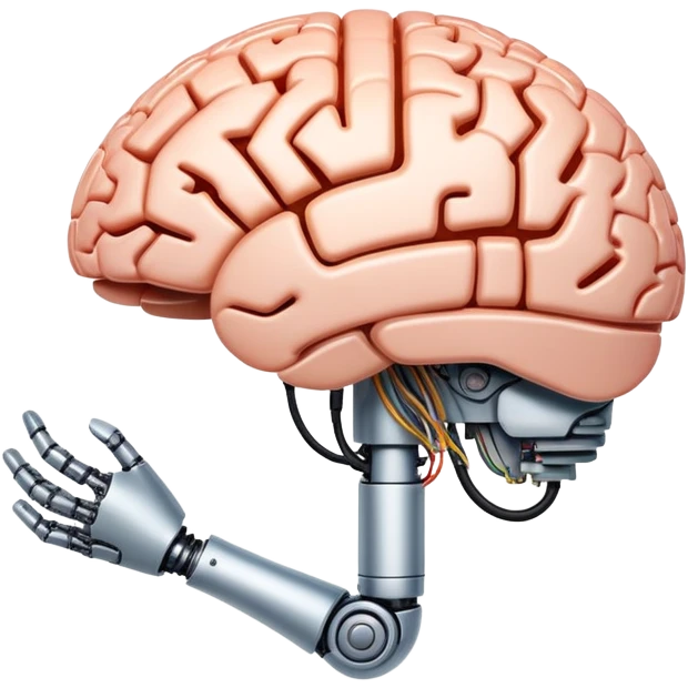 A translucent brain made of light and circuits, connected to a mechanical arm. The image is of an AI that thinks and acts on its own. emoji