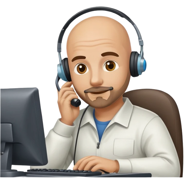 Bald man with a small beard with a telephone headset working on computer named FORDEWIND emoji