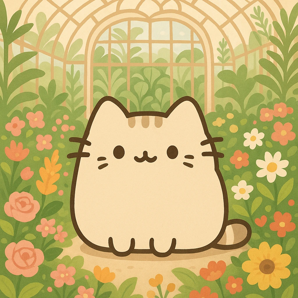 beige blonde kawaii pusheen-style kitten in a botanical garden greenhouse filled with flowers emoji