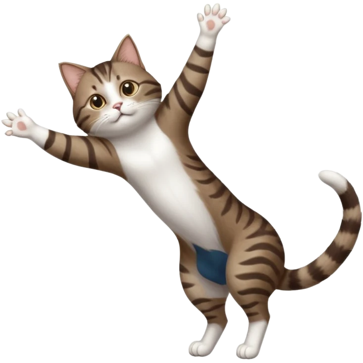 dark brown tabby and white cat with doing a big extremely long stretch reaching up into the air with arms and legs side by side together straight and overextended whilst lying on its side emoji