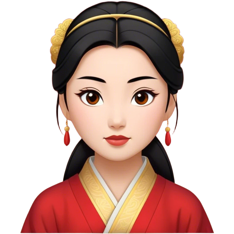 Cinematic Elegant Mulan Portrait Emoji, rendered in a realistic, vector-style with minimal shading and bold, simplified shapes. Depict Mulan (chest and above) with warm, light-toned skin, almond-shaped eyes, and sleek black hair styled in a traditional bun. She wears a modest, traditional robe with subtle red and gold accents, glowing with a soft, refined radiance and high shine, capturing timeless beauty and inner strength. emoji