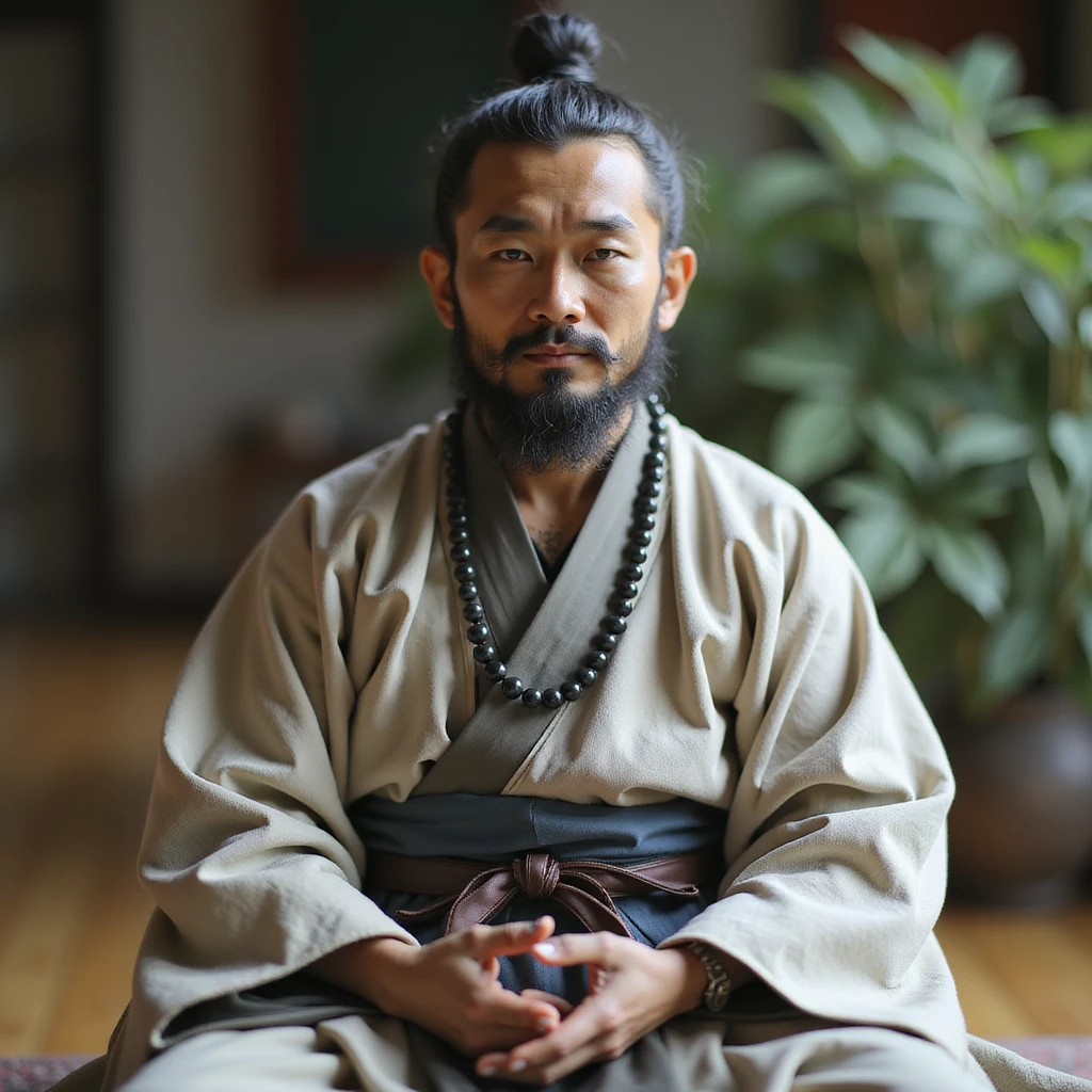 realistic AI chatbot with a calm, wise samurai-inspired appearance, embodying Bushido and Buddhist serenity. Subtle traditional robes, peaceful expression, poised posture, tranquil setting, aura of focus and mindfulness. emoji