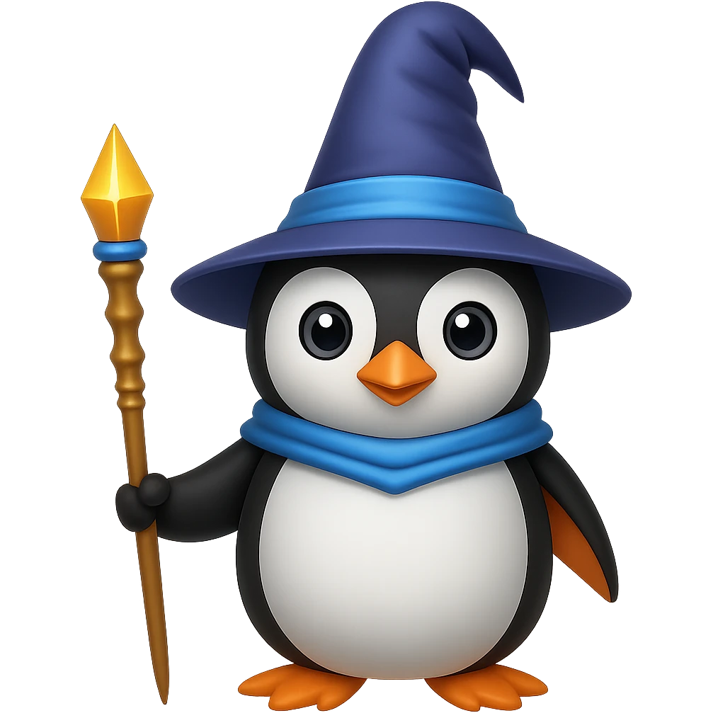 A penguin wizard holding a magic staff in apple style emoji, no background emoji
