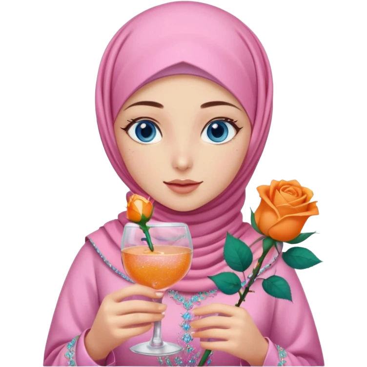 Turkish beautiful finish Konya girl blue eyes with pink hijab islamic dress and had on her hand Glittery rose gold mocktail with orange light pink roses emoji