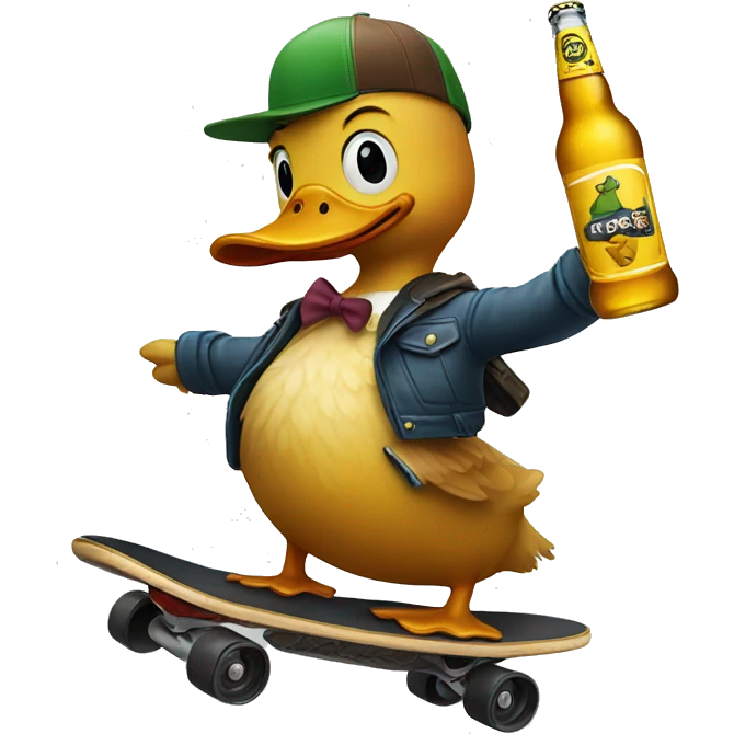 A duck riding a skateboard while holding a beer bottle  emoji