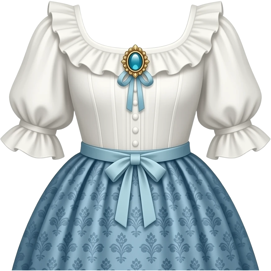 dress southern belle style colonial style white ruffled top with brooch with blue patterned skirt emoji
