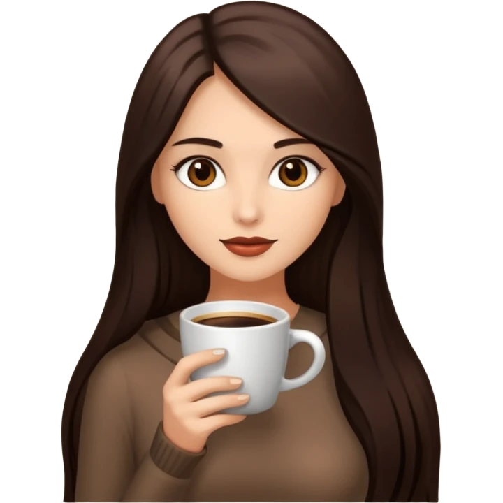 Straight Dark Brown long haired sexy woman with dark brown eyes with cup of coffee emoji