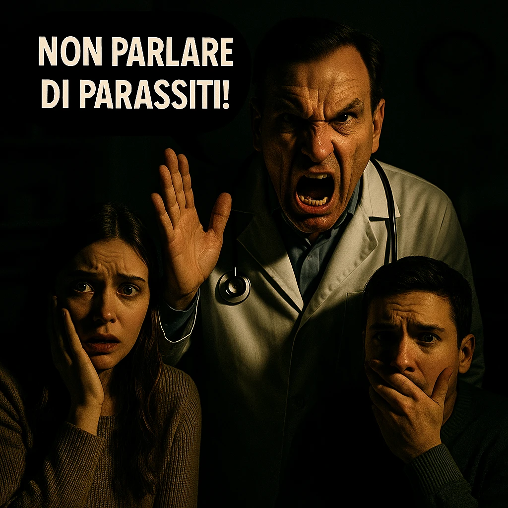 Make the scene more dramatic by intensifying the doctor's angry expression, adding dramatic lighting and shadows, making the patients look even more frightened, and emphasizing the speech bubble with bold text. Keep the realistic medical setting intact. emoji