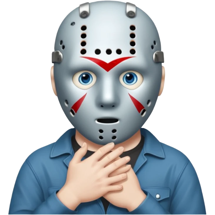 Jason Voorhees, looking cute, with his hands clasped in front of him, at a sideways angle, looks like he is in love emoji