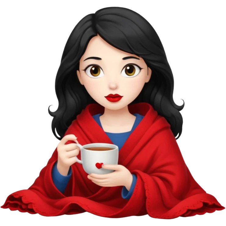 Long wavy Black haired, white skinned, dark big eyed girl with red lipstick wrapped in a blanket, sipping tea and reading a book emoji