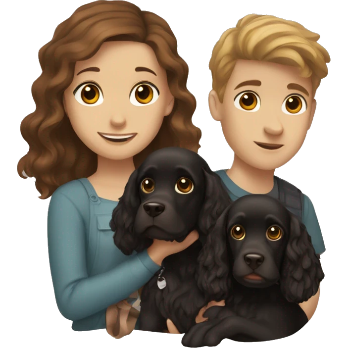 brown-haired girl and brown-haired boy with a black cocker spaniel emoji