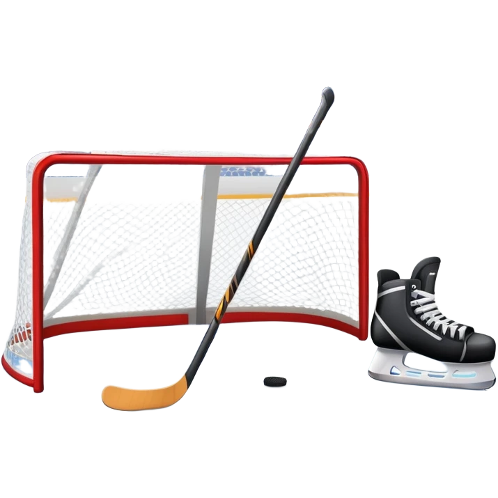 An icon showing a close-up of a hockey stick, puck, skates, and hockey net placed on the ice. The background features a packed stadium with bright lights, cheering fans, and snowy scenery outside. Transparent background highlights the key elements of the game. emoji